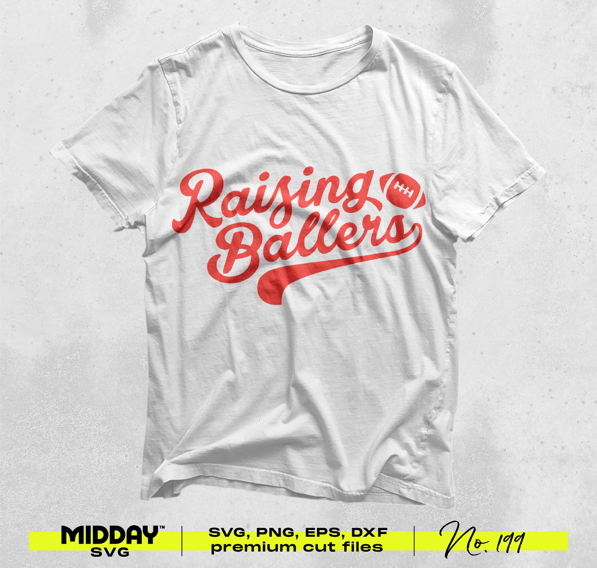 White t-shirt with "Raising Ballers" in red script and a football graphic, ideal for custom football team apparel designs.