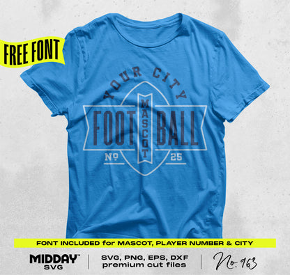 Blue t-shirt with customizable football team design from Football SVG PNG Bundle V6, includes free font for mascot and player number.
