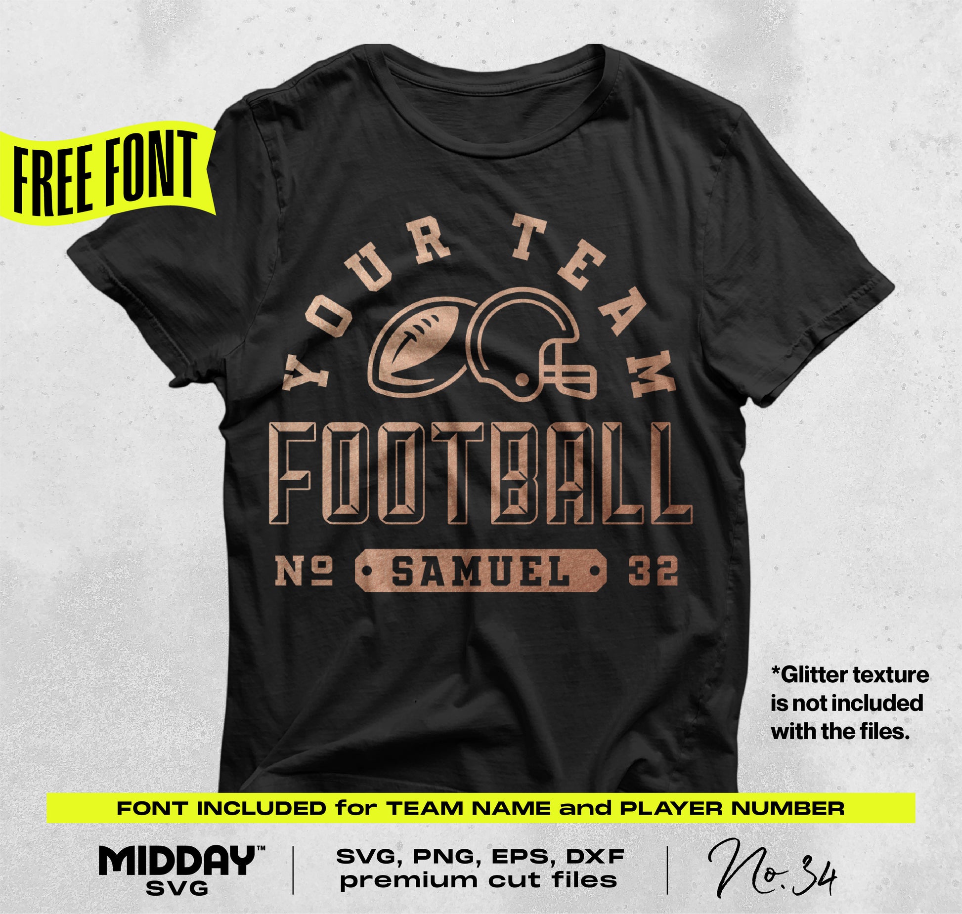 Black t-shirt with customizable football design featuring helmet, ball, and player number, perfect for team spirit wear.