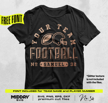 Black t-shirt with customizable football design featuring helmet, ball, and player number, perfect for team spirit wear.