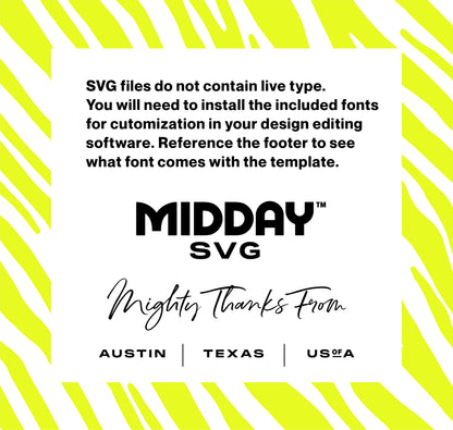 Yellow zebra print background with text instructions for using Midday SVG file and font customization options.