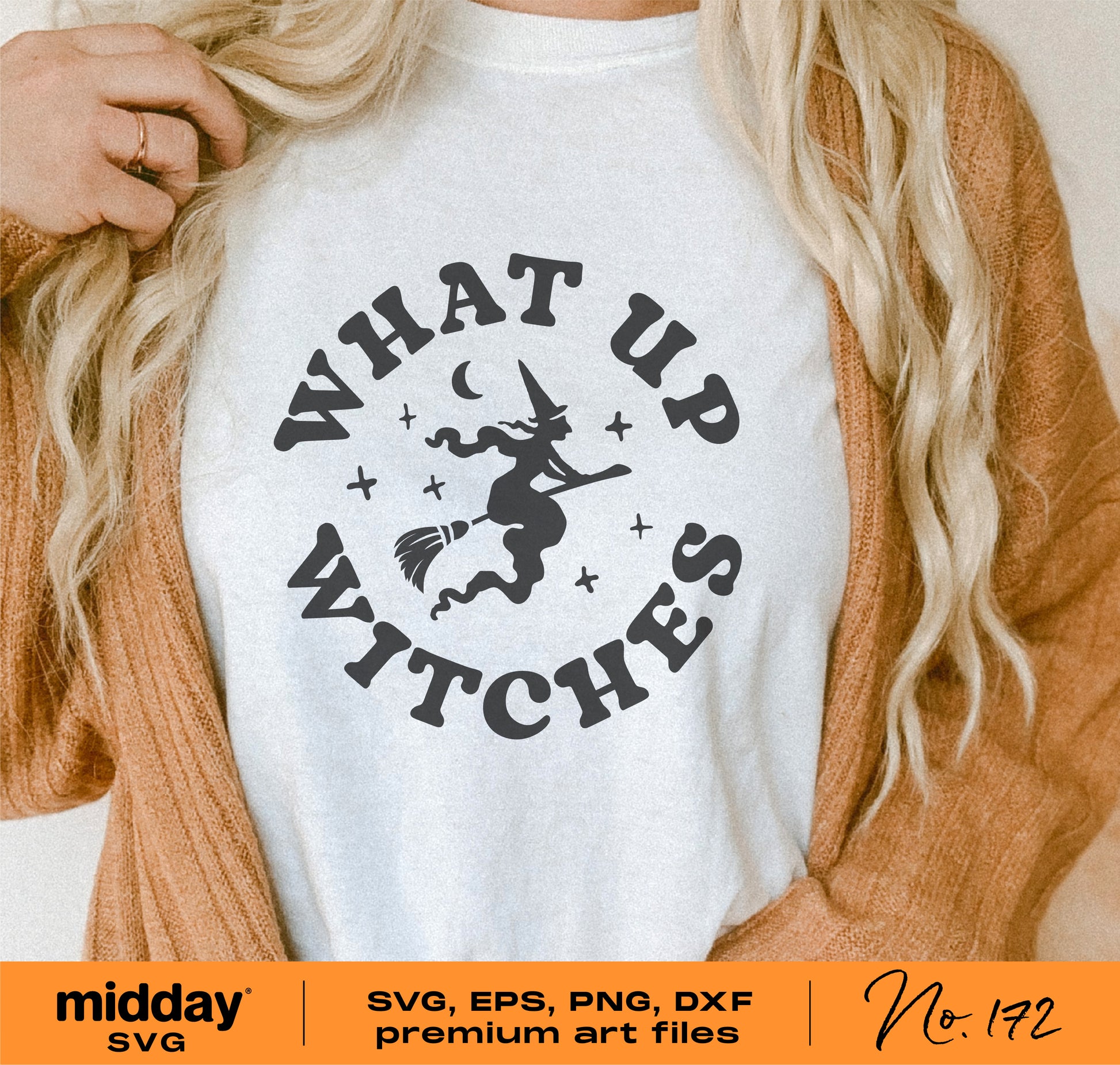 Woman wearing white shirt with 'What Up Witches' design featuring a witch on a broomstick, part of Halloween SVG bundle.