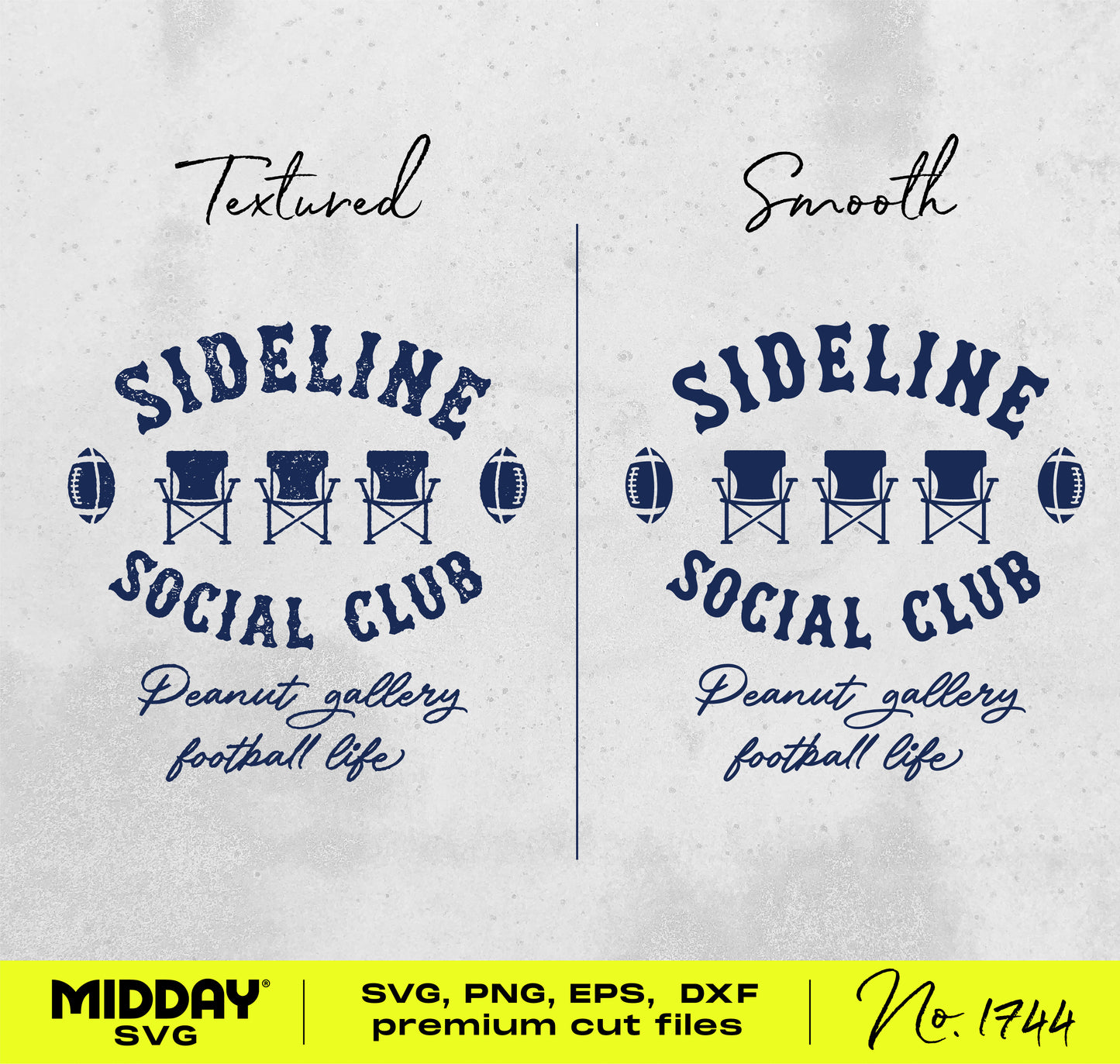 "Sideline Social Club football design in textured and smooth styles, featuring chairs and footballs, suitable for SVG, PNG, EPS, DXF files."