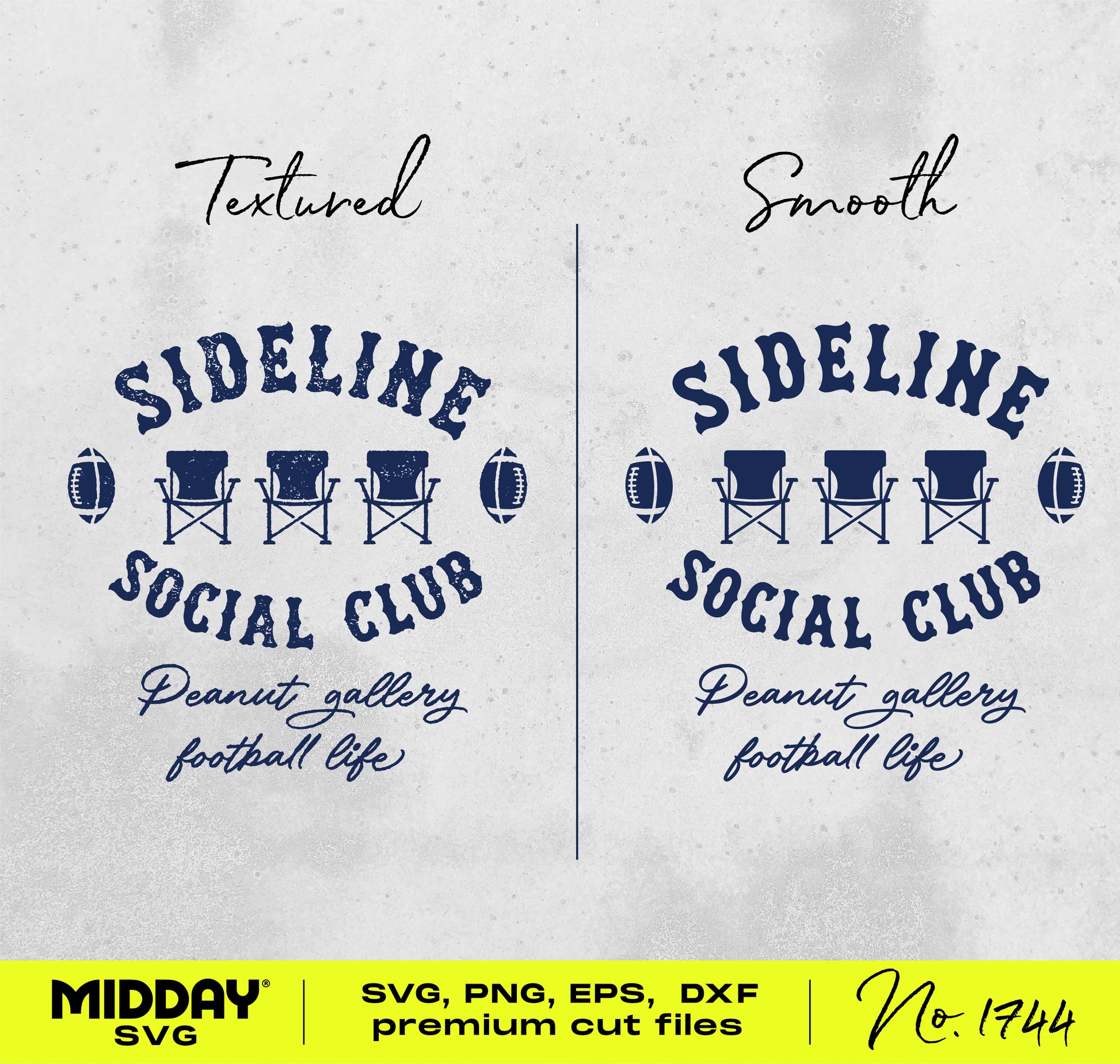 "Sideline Social Club football design in textured and smooth styles, featuring chairs and footballs, suitable for SVG, PNG, EPS, DXF files."