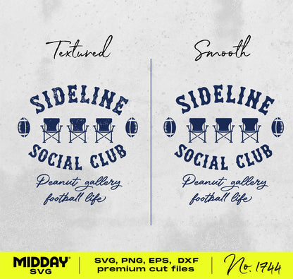 "Sideline Social Club football design in textured and smooth styles, featuring chairs and footballs, suitable for SVG, PNG, EPS, DXF files."