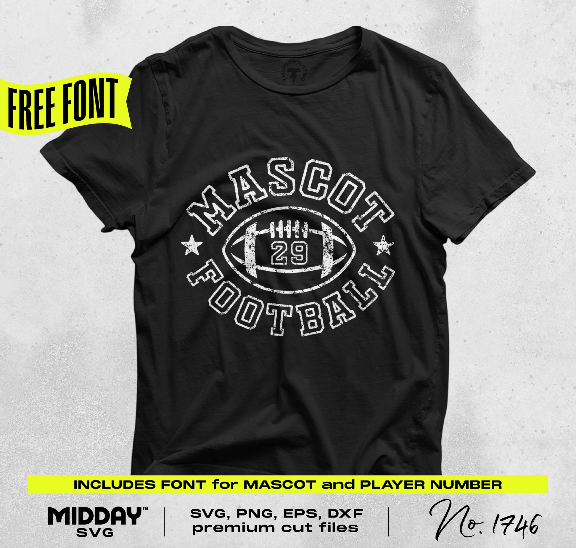 Football SVG PNG Bundle V8 graphic tee with mascot and player number 29 design, includes free font for customization.