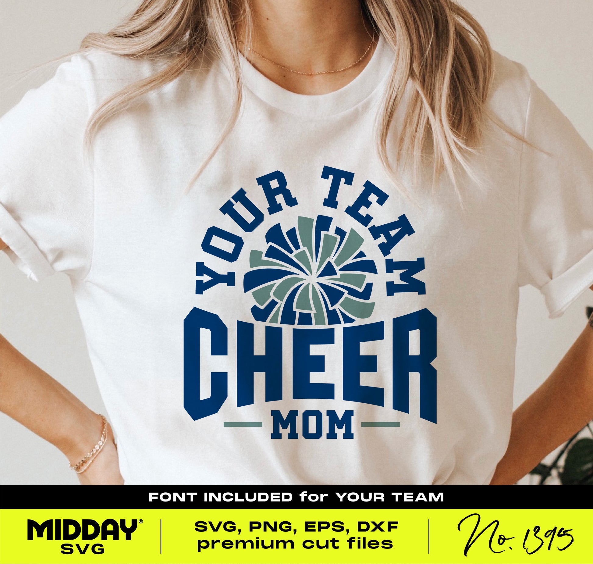 Cheer Mom SVG bundle displayed on a t-shirt with 'Your Team Cheer Mom' design, ideal for Cricut and sublimation projects.