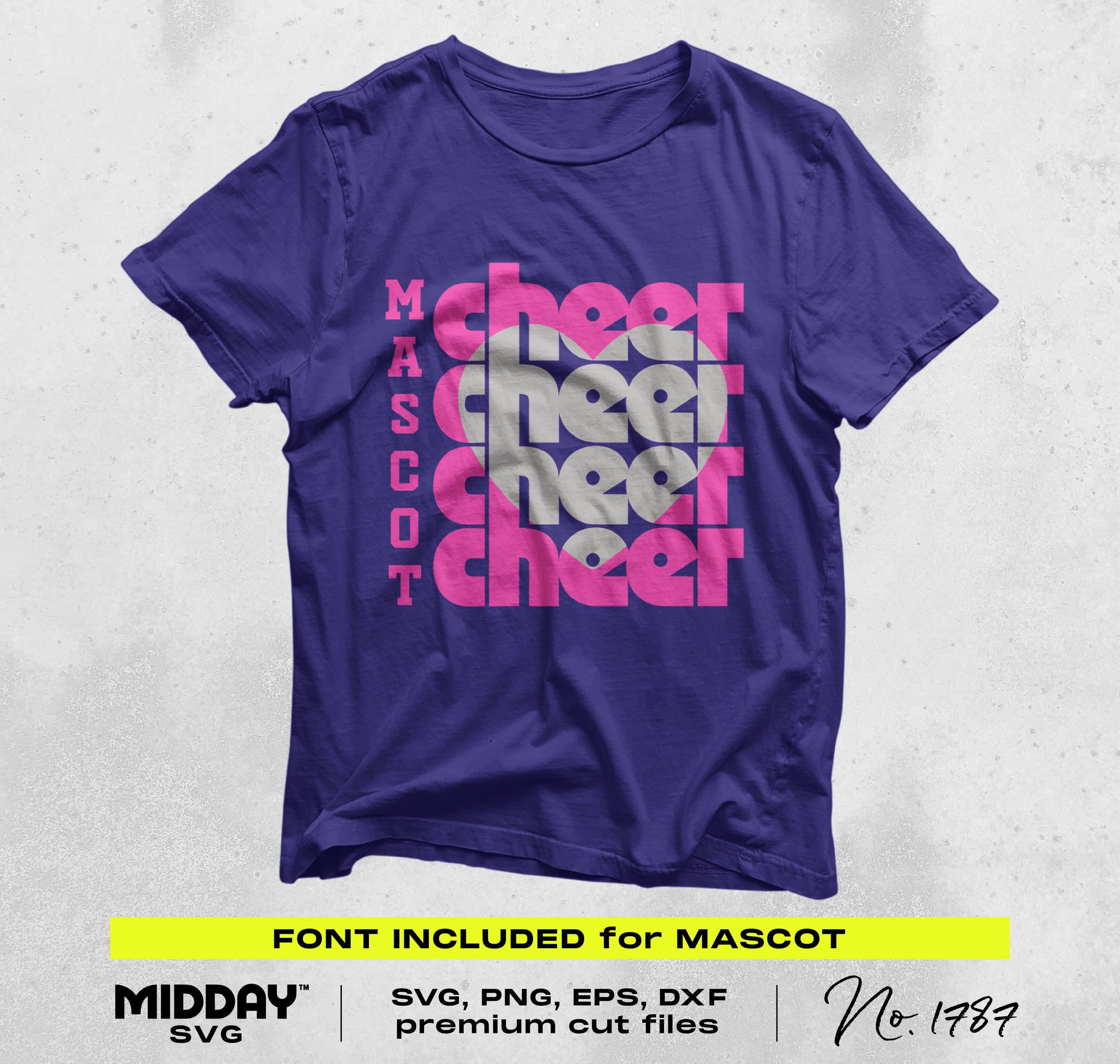 Purple T-shirt with stacked "CHEER" design and heart, perfect for customizable cheer gear, comes with free font for team personalization.