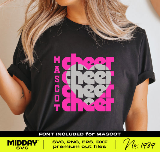 Woman wearing a T-shirt featuring stacked cheer heart design with a pink "CHEER" pattern and customizable mascot font for cheer teams.