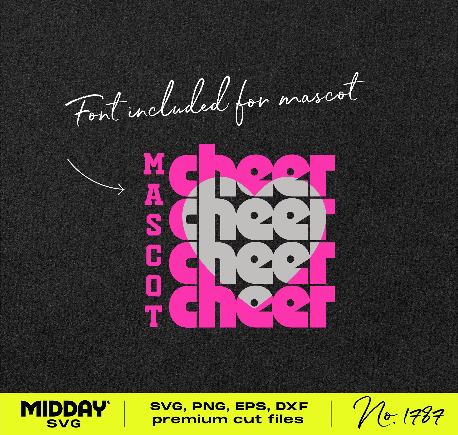 Stacked Cheer Heart Design in pink and gray, featuring the word 'CHEER' vertically aligned with a heart graphic, perfect for cheer gear.