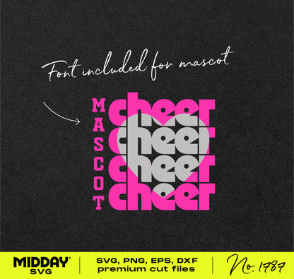 Stacked Cheer Heart Design in pink and gray, featuring the word 'CHEER' vertically aligned with a heart graphic, perfect for cheer gear.