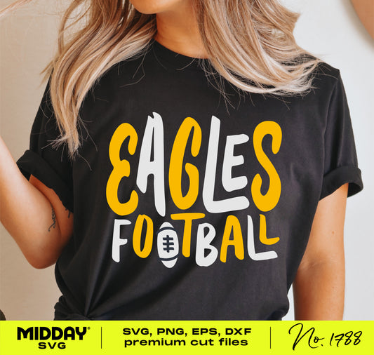 Hand lettered Eagles football T-shirt design with bold, funky yellow and white lettering, perfect for customizing fanwear.