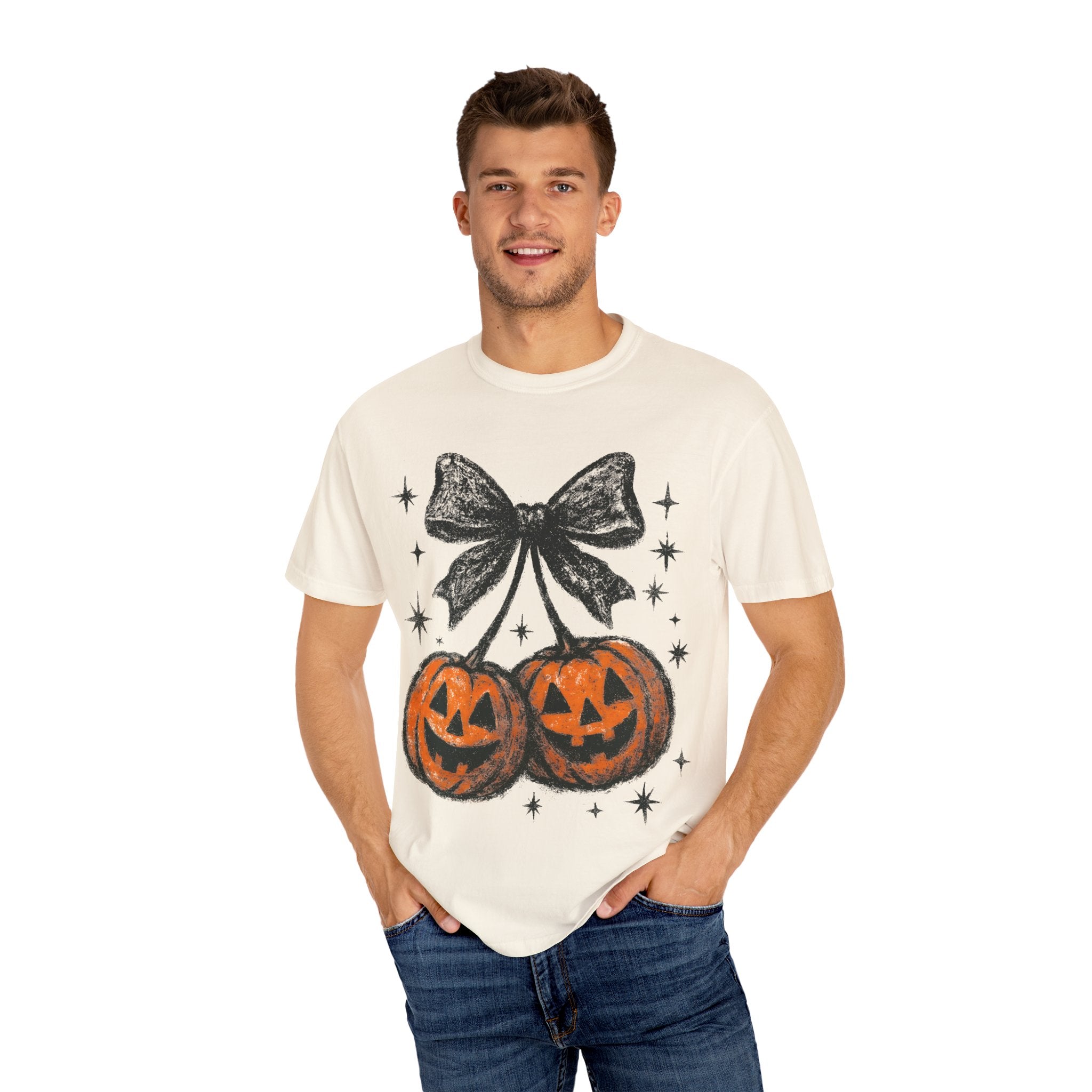 Cherries Pumpkin Comfort Colors® T-shirt, Halloween Jack O Lantern Gift, Fall Coquette Bow, Pumpkin Season Shirt, Cozy Autumn Tee