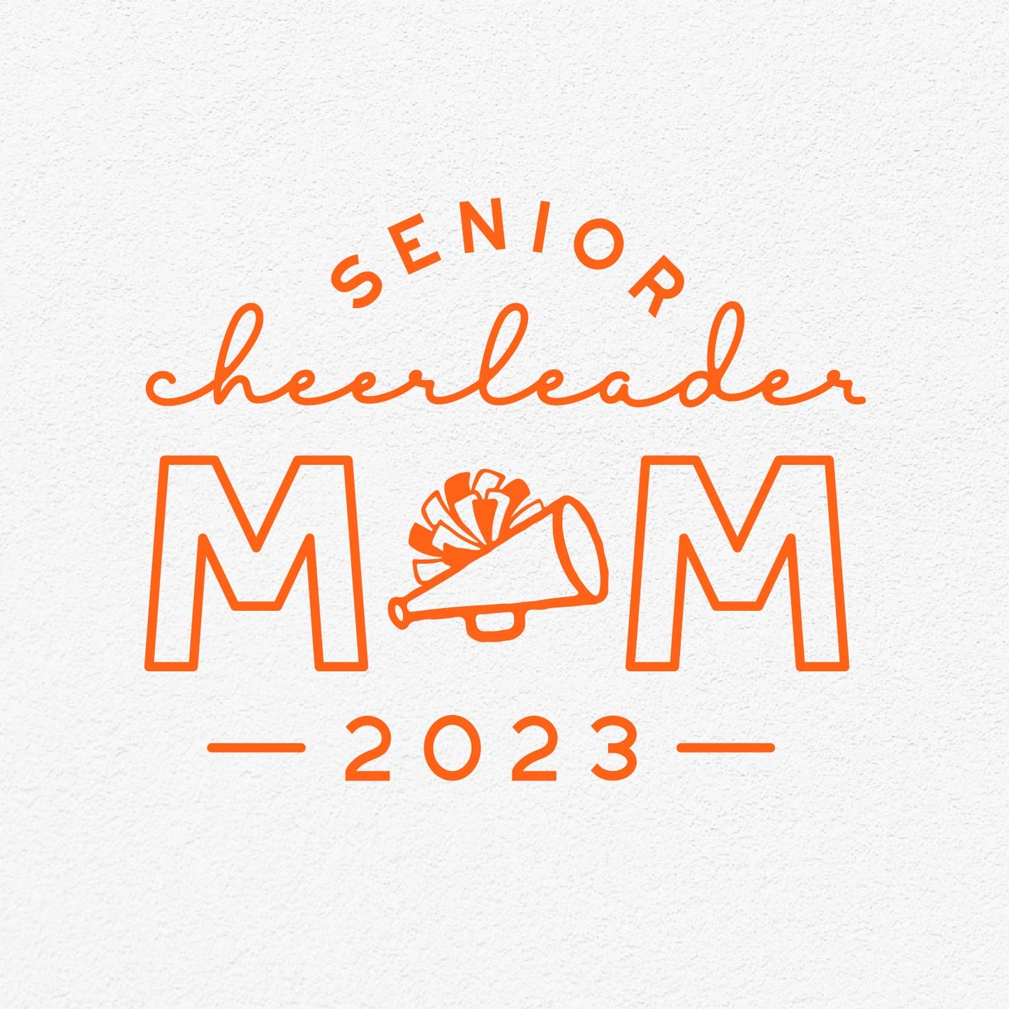"Senior Cheerleader Mom 2023 design with megaphone and bow, ideal for Cricut and Silhouette projects, available in SVG, PNG, EPS formats."