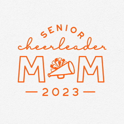 "Senior Cheerleader Mom 2023 design with megaphone and bow, ideal for Cricut and Silhouette projects, available in SVG, PNG, EPS formats."