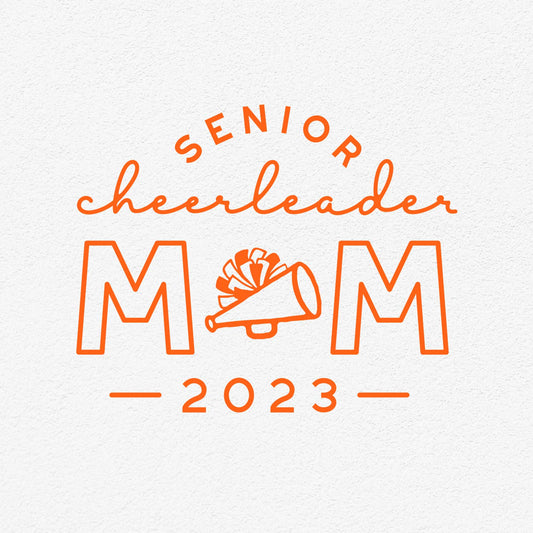 "Senior Cheerleader Mom 2023 design with megaphone and bow, ideal for Cricut and Silhouette projects, available in SVG, PNG, EPS formats."