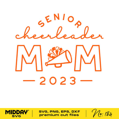 Proud Senior Cheerleader Mom 2023 SVG design in orange, featuring a megaphone and pom-pom illustration.