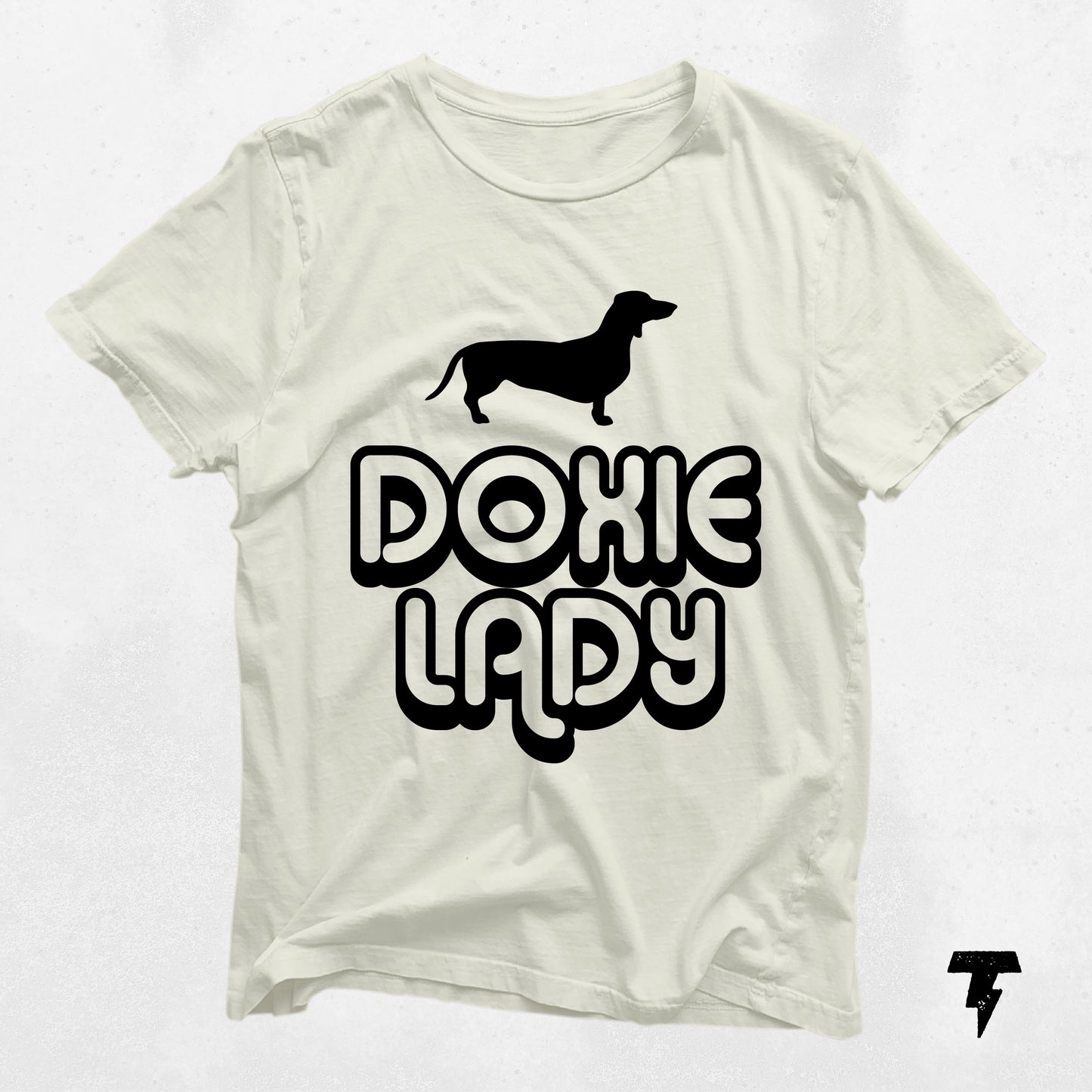 "Doxie Lady" dachshund graphic tee, soft cotton, perfect gift for dog moms, white shirt with black text and dog silhouette.