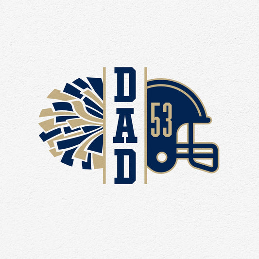 Cheerleader Dad graphic design featuring helmet and pom-pom in navy and gold colors.