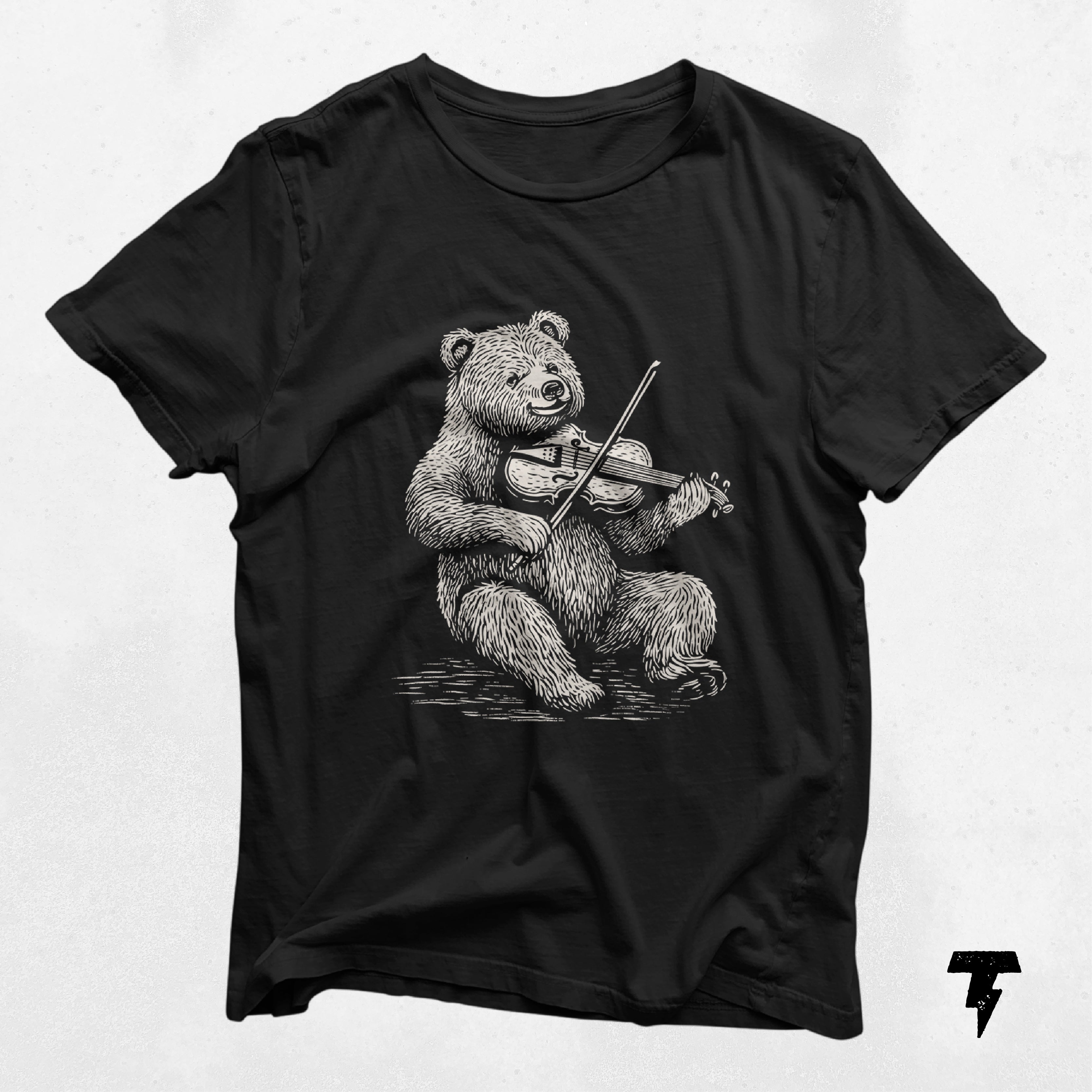 a black t - shirt with a bear playing a violin