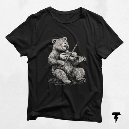 Bear playing violin on t-shirt, perfect gift for violinists and music lovers. Unique musician apparel for teachers and players.
