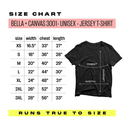 Size chart for Bella + Canvas 3001 unisex jersey T-shirt, XS to 3XL, showing chest and length measurements. Runs true to size.