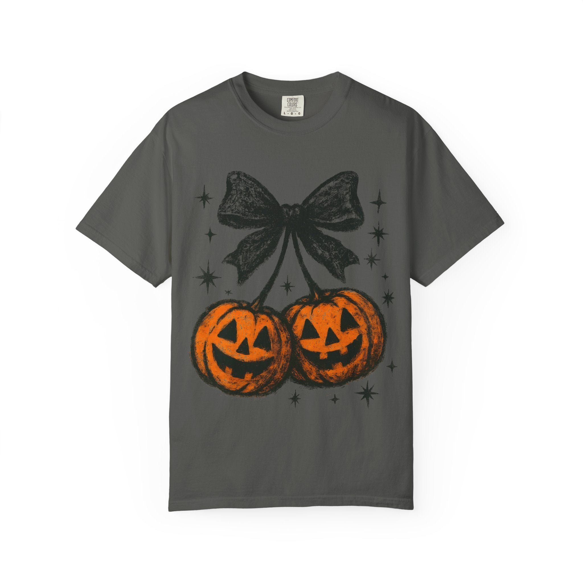 Cherries Pumpkin Comfort Colors® T-shirt, Halloween Jack O Lantern Gift, Fall Coquette Bow, Pumpkin Season Shirt, Cozy Autumn Tee
