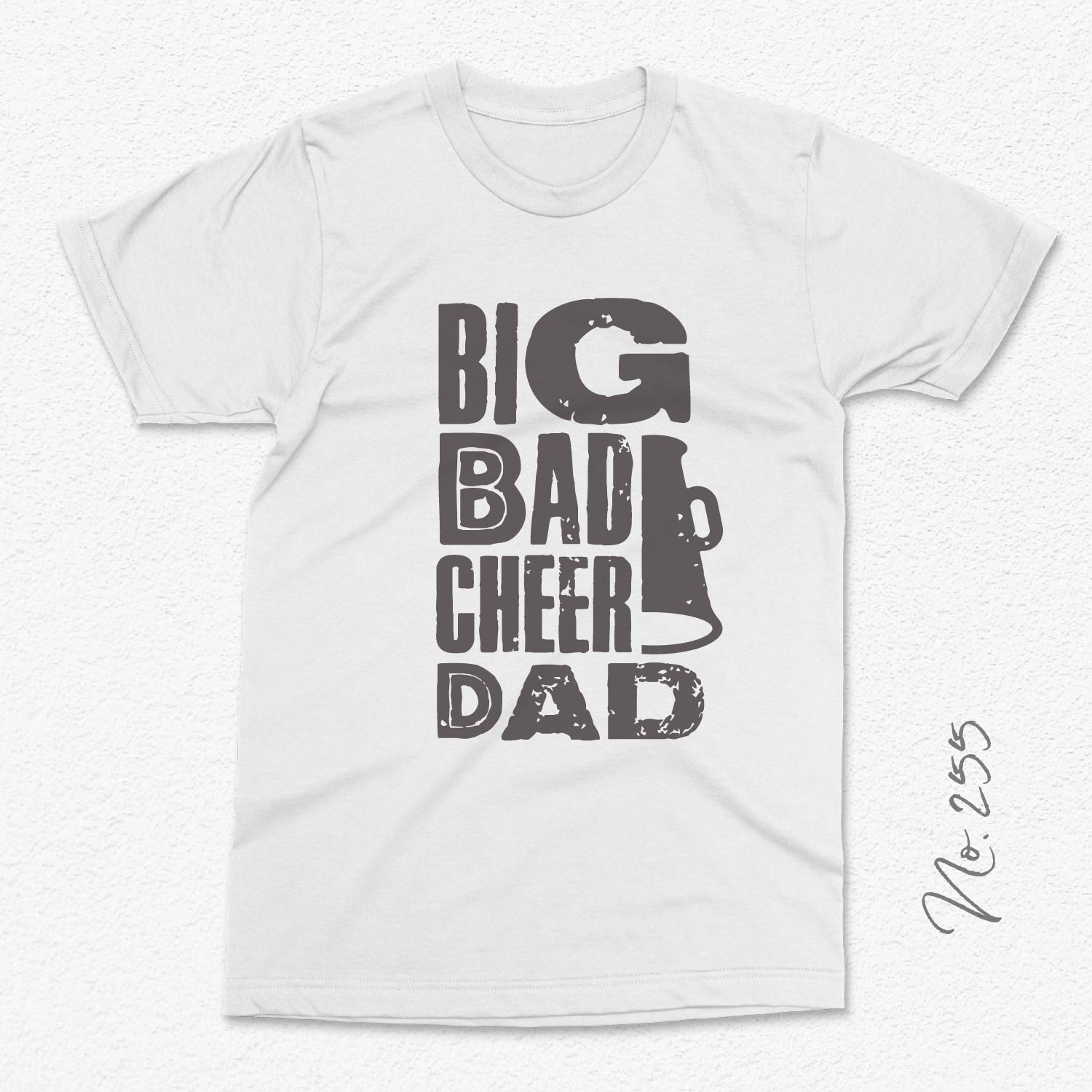 White T-shirt with "Big Bad Cheer Dad" text and megaphone graphic, perfect gift for proud fathers of cheerleaders.