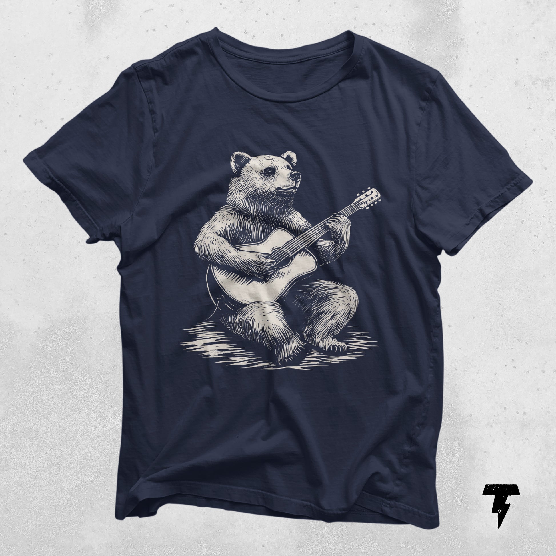 Bear playing guitar on a navy t-shirt, perfect gift for guitarists and musicians, made of lightweight breathable cotton.
