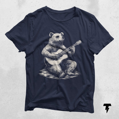 Bear playing guitar on a navy t-shirt, perfect gift for guitarists and musicians, made of lightweight breathable cotton.