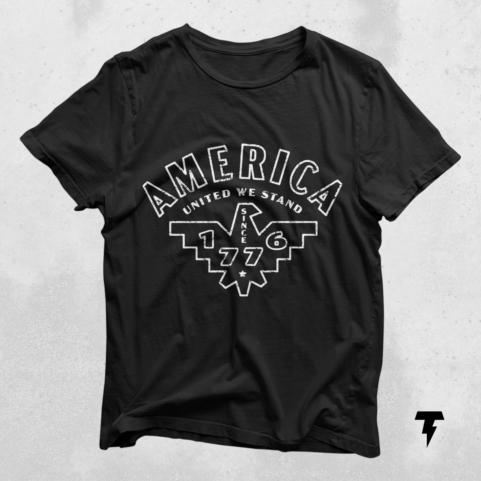 Black shirt with 'America United We Stand Since 1776' design, featuring patriotic text ideal for Fourth of July and Memorial Day.