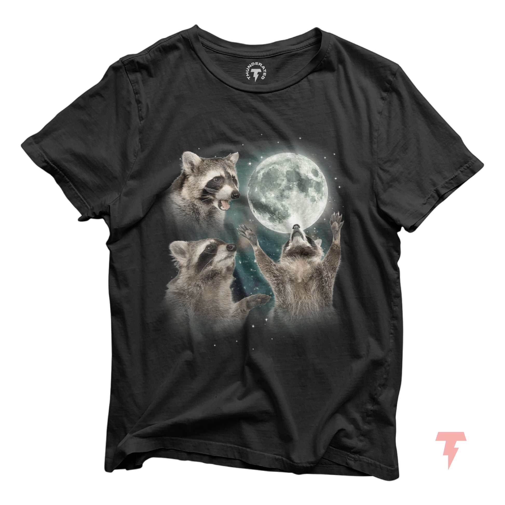 Raccoons Howling at the Moon Shirt featuring vibrant print on soft cotton fabric, perfect for comfort and style.