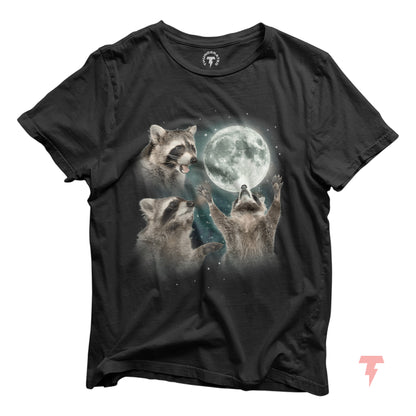 Raccoons Howling at the Moon Shirt featuring vibrant print on soft cotton fabric, perfect for comfort and style.