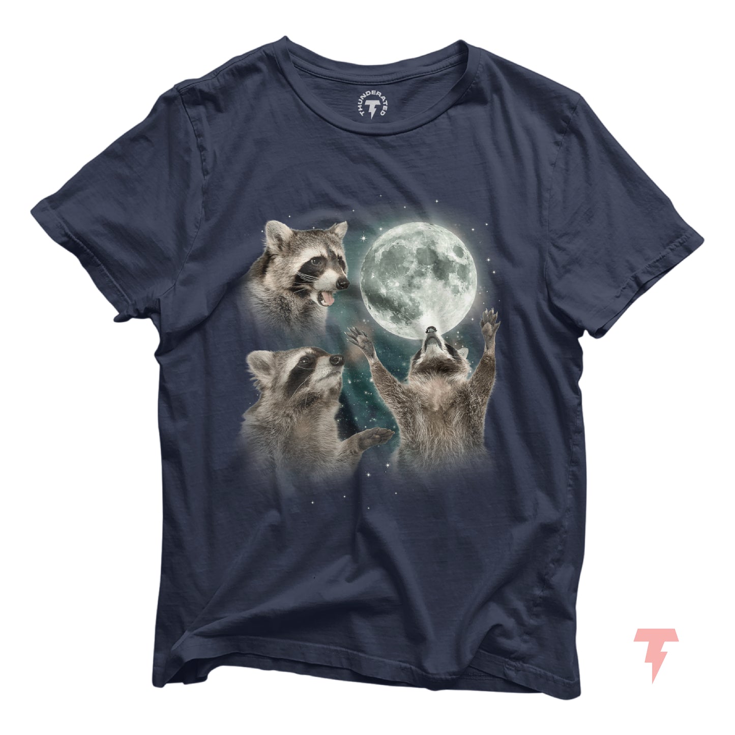 Raccoons Howling at the Moon shirt in dark blue, featuring a whimsical print of raccoons and a moon. Unisex, soft cotton tee by Bella+Canvas.