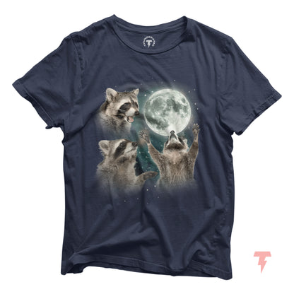 Raccoons Howling at the Moon shirt in dark blue, featuring a whimsical print of raccoons and a moon. Unisex, soft cotton tee by Bella+Canvas.