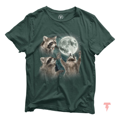 Raccoons Howling at the Moon Shirt, unisex tee made from soft Airlume cotton, featuring a unique raccoon and moon print, perfect for any occasion.