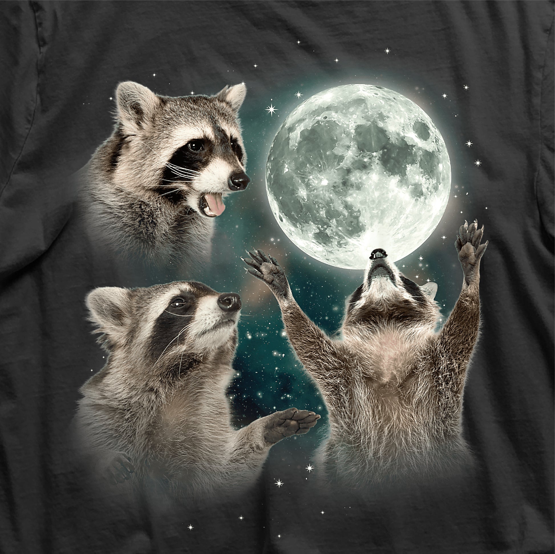 Raccoons howling at the moon graphic on unisex cotton tee, perfect for casual outings and layering. Stylish and comfortable wear.