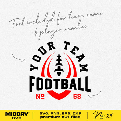 Football Team Template with customizable team name and player number, includes SVG, PNG, DXF, EPS formats and Midday .otf font.