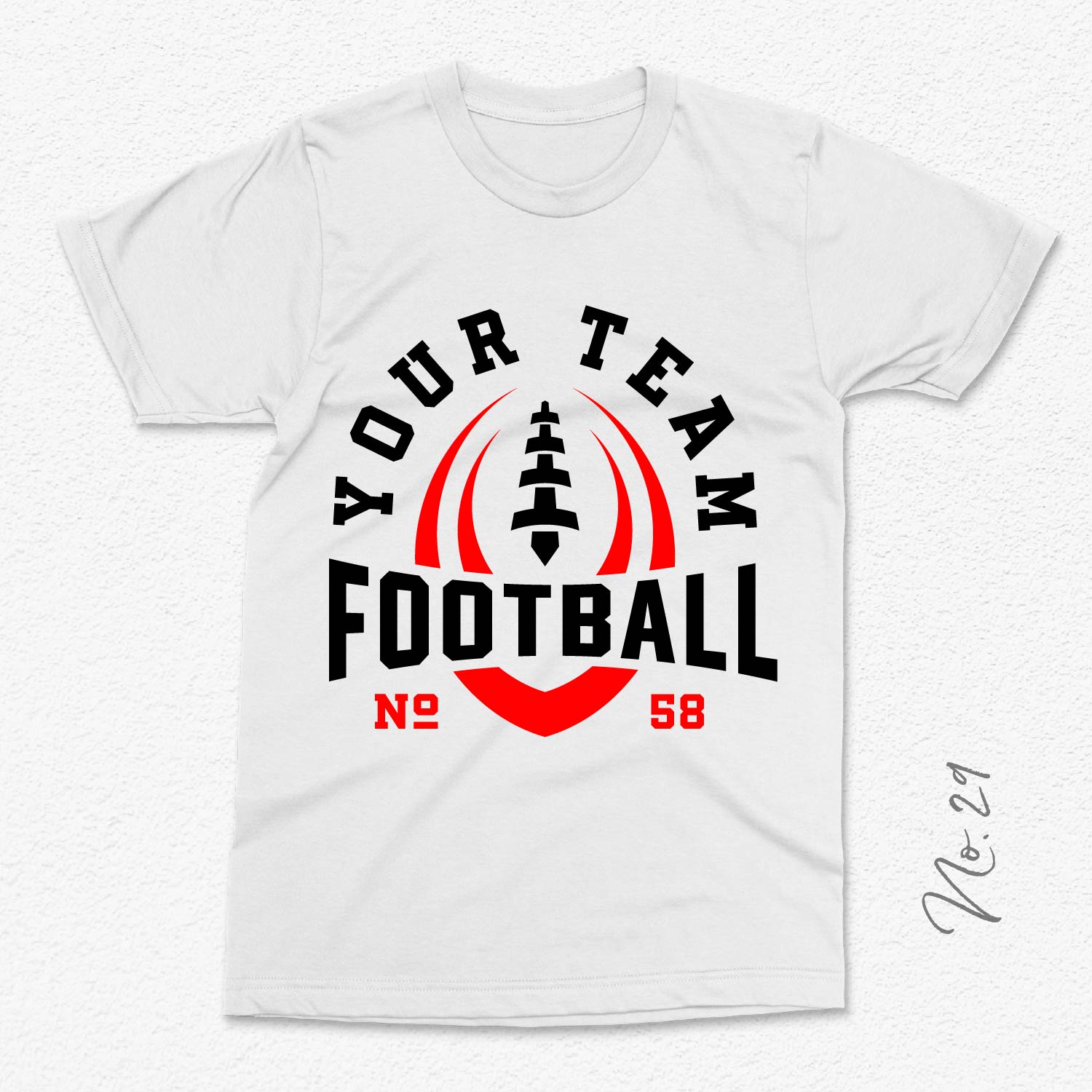 Customizable football team t-shirt template with editable name and player number design, featuring football graphic.