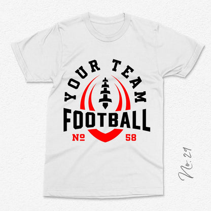 Customizable football team t-shirt template with editable name and player number design, featuring football graphic.