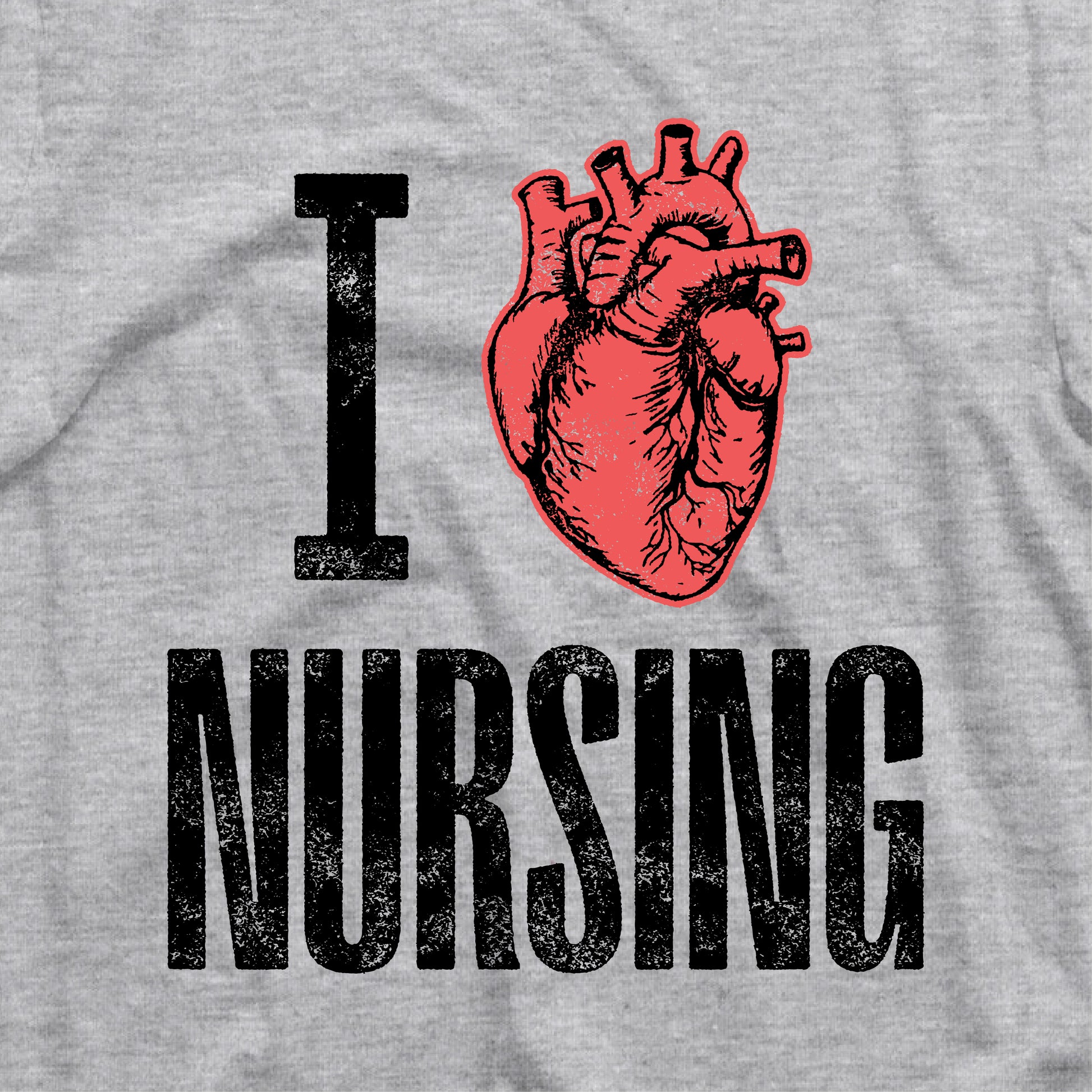 Gray nursing shirt with red anatomical heart graphic and 'I Love Nursing' text, suitable for nurses like RN, LPN, and travel nurses.