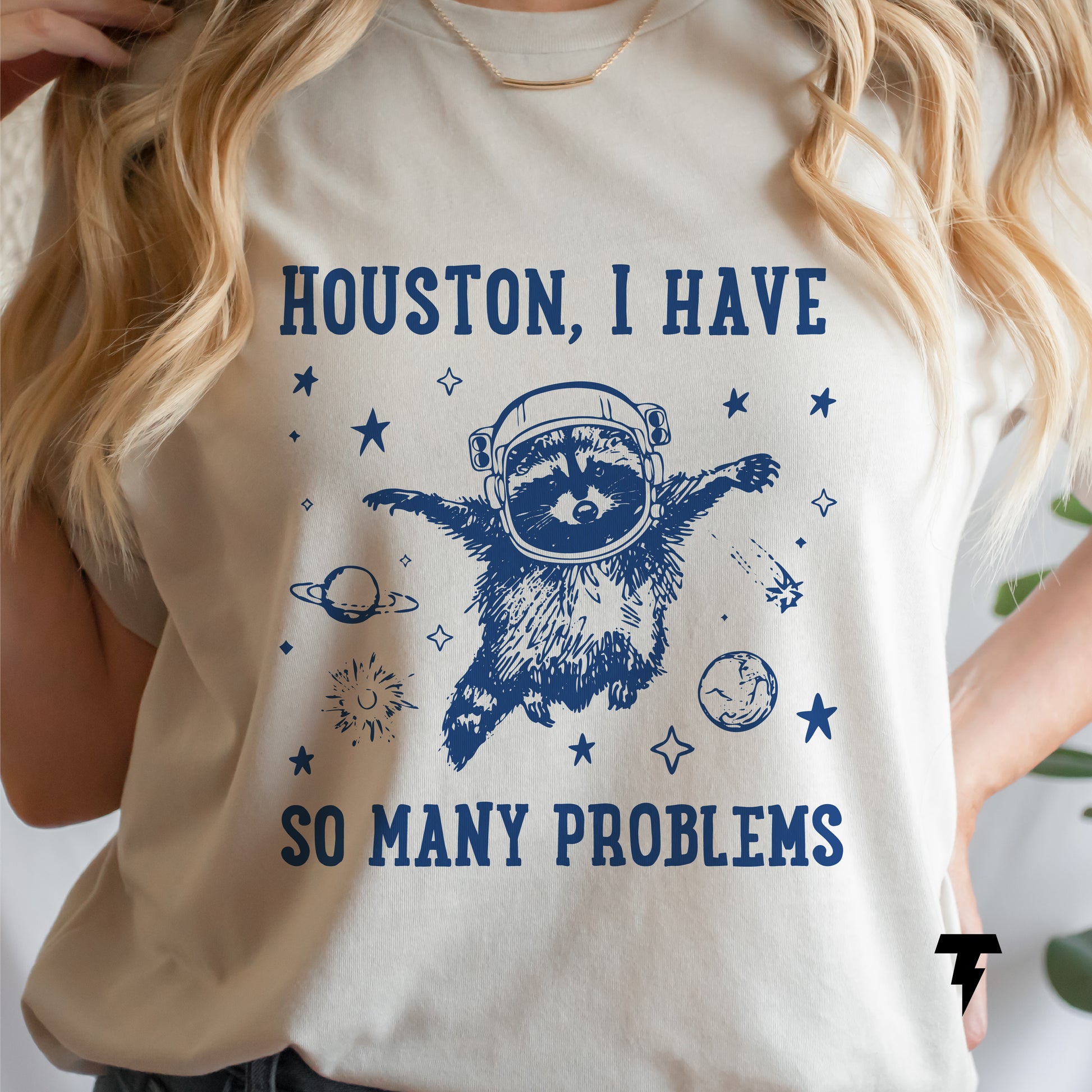 Houston I Have So Many Problems t-shirt with raccoon astronaut design, perfect for humor and style enthusiasts.