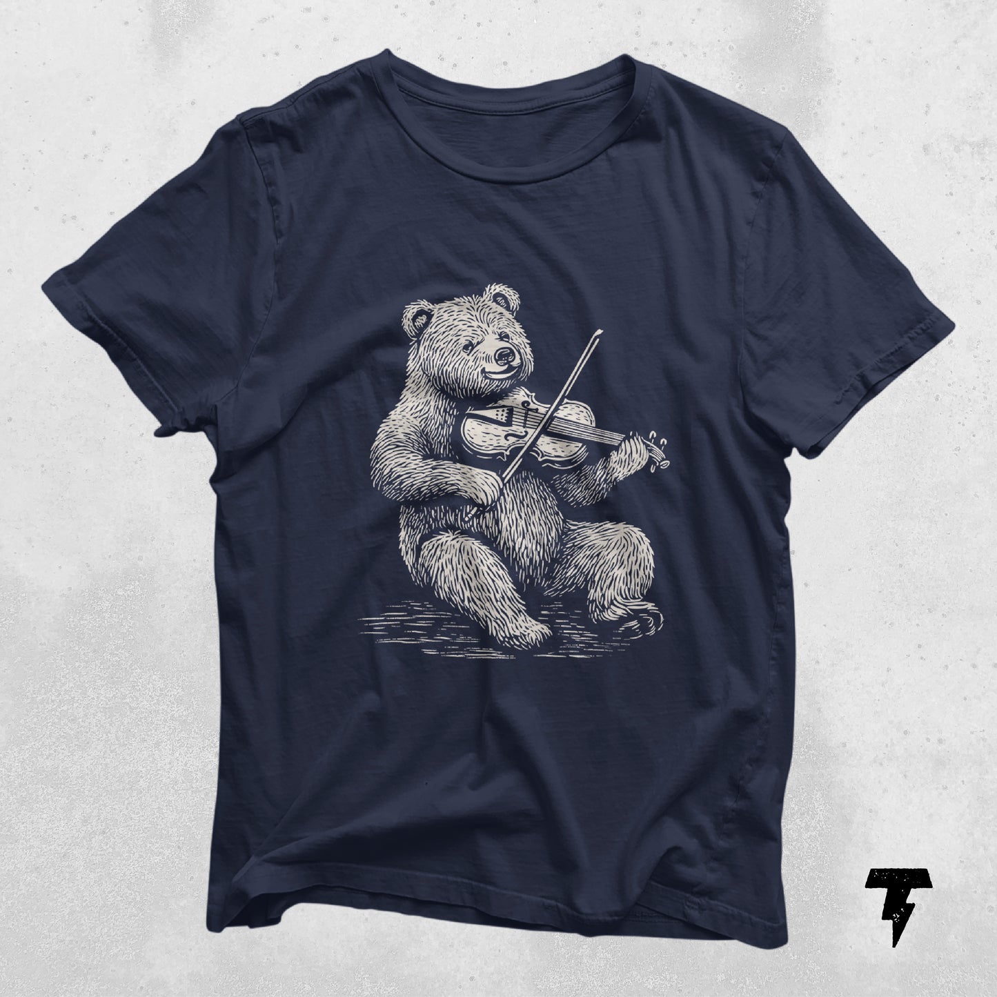 Bear playing violin graphic on dark t-shirt, perfect gift for music teachers and violin players, unique musician apparel.