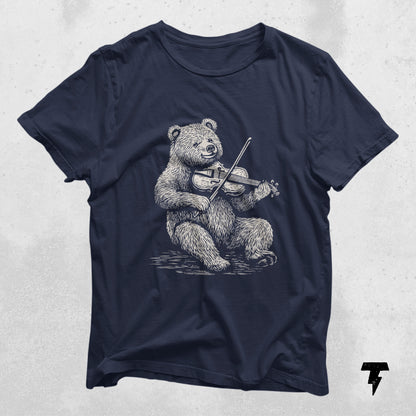 Bear playing violin graphic on dark t-shirt, perfect gift for music teachers and violin players, unique musician apparel.