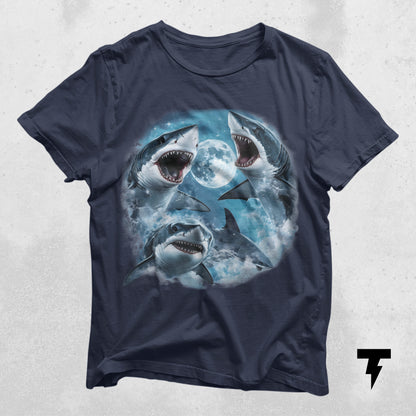 Vintage style T-shirt with cosmic shark illustration blending ocean waves and celestial elements, perfect for marine life enthusiasts.