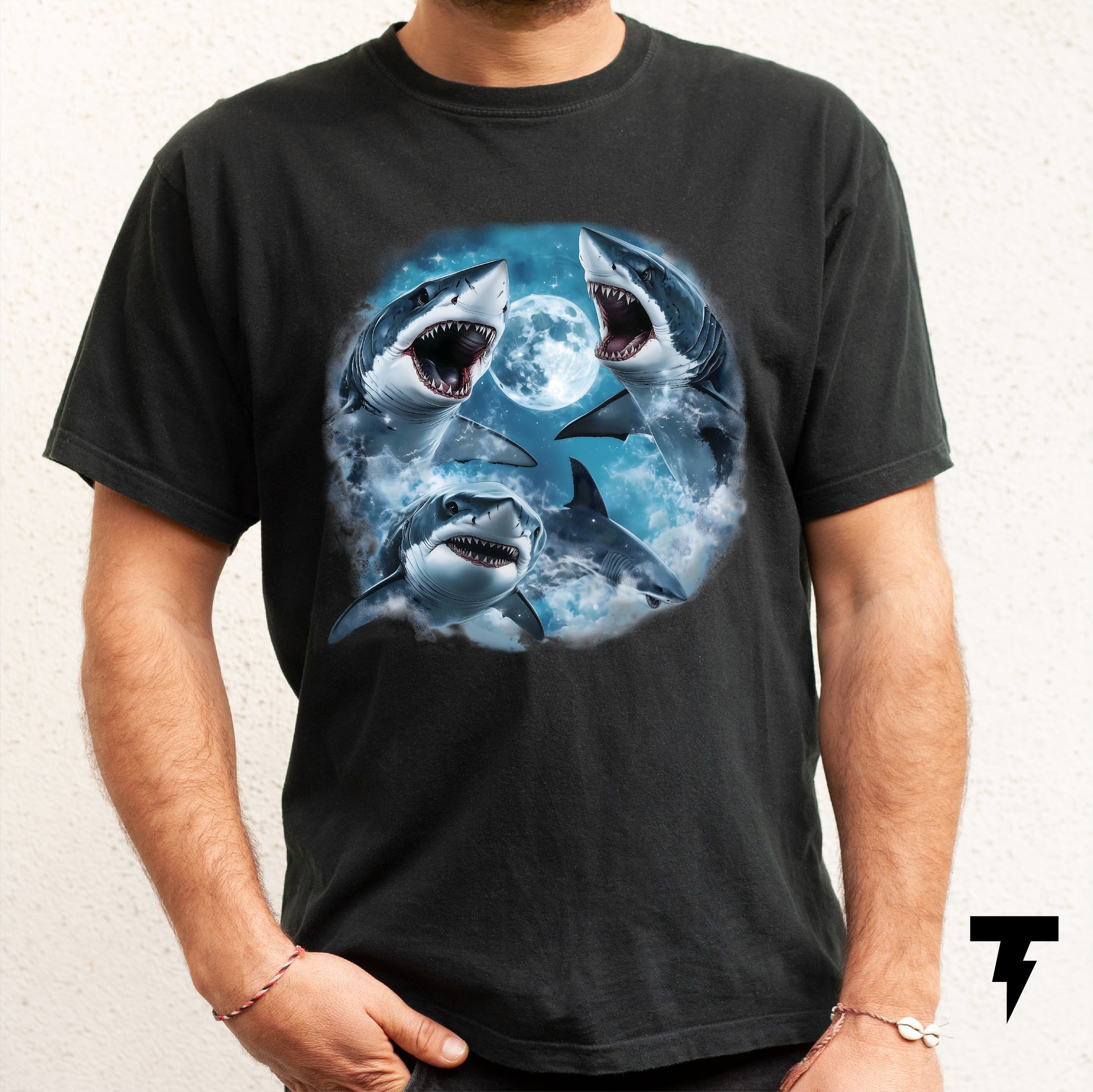Mystical Sharks Y2K T-shirt with airbrushed ocean and cosmic sharks design, perfect for marine life and universe enthusiasts.