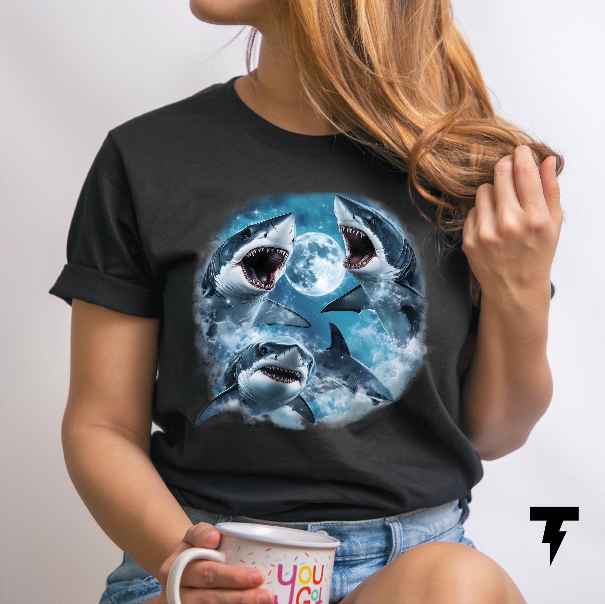 Mystical Sharks Y2K T-shirt featuring cosmic sharks swimming in waves, perfect for marine life and universe enthusiasts.