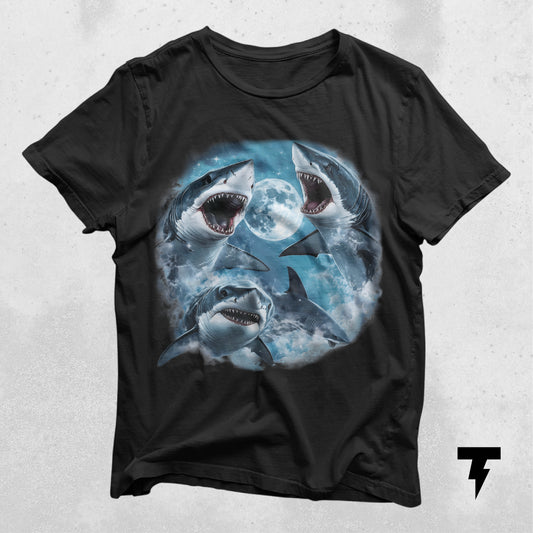 Mystical Sharks Y2K T-shirt with vintage airbrushed sharks swimming through cosmic ocean design.