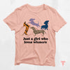 a pink t - shirt that says, just a girl who loves wieners