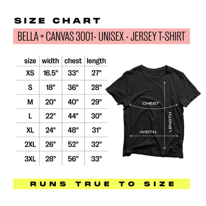 Bella + Canvas 3001 Unisex Jersey T-Shirt size chart with measurements and black tee illustration.